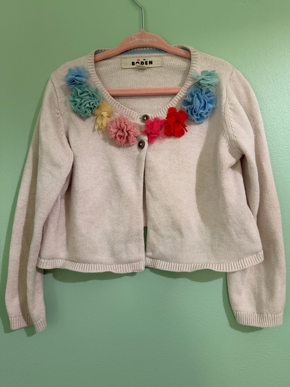Mini Boden Occasion Tulle Flower Cream Cardigan Sweater Girls 3T